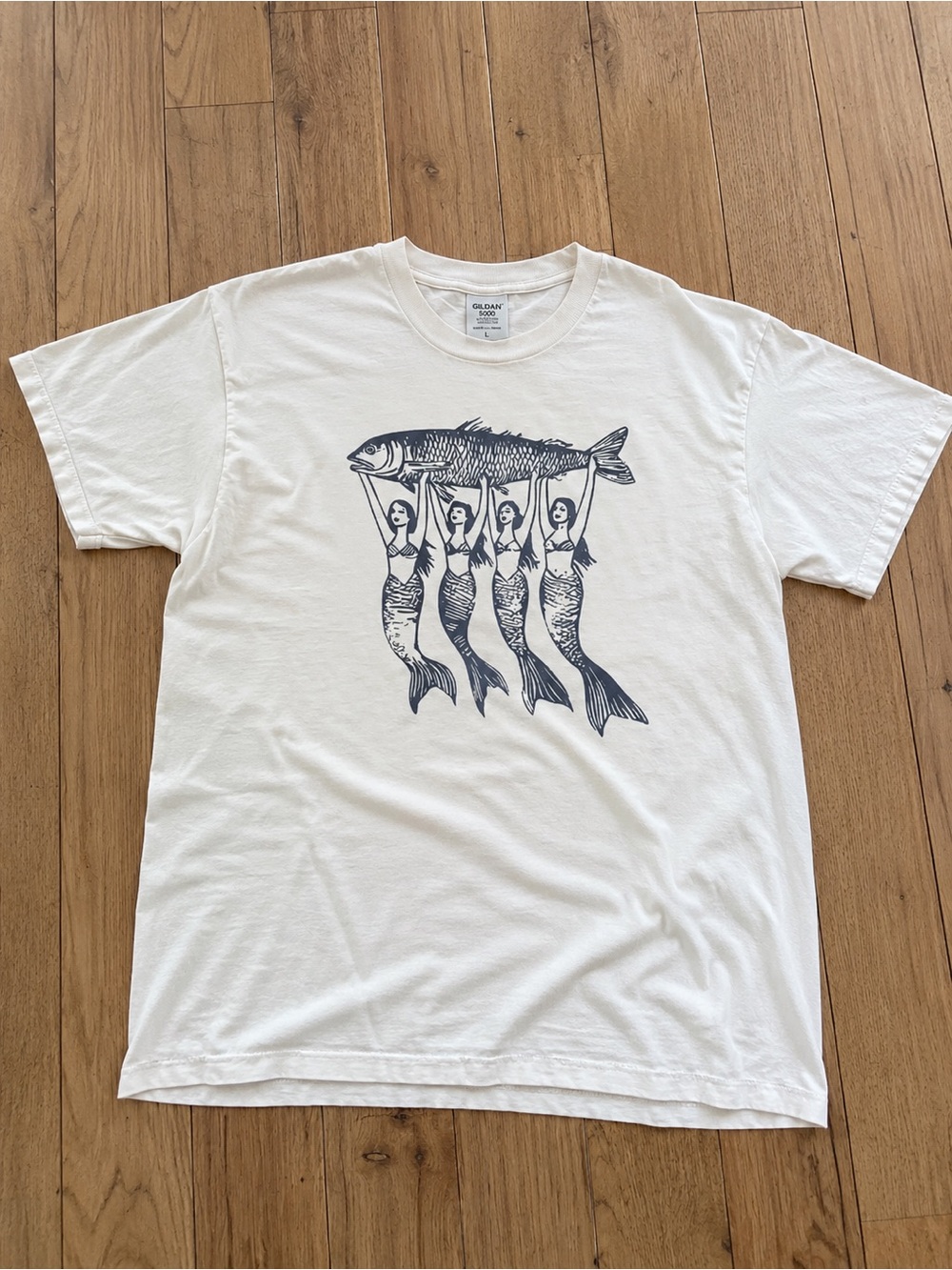 White Short Sleeve Tee Navy Mermaid Fish Graphic T-shirt